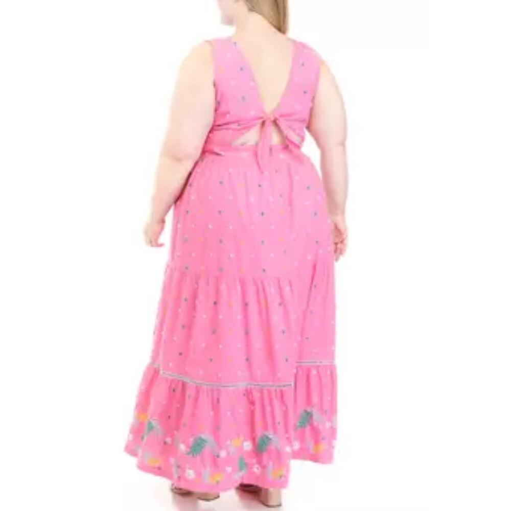 Crown & Ivy Plus‎ Pink & Multicolor Embroidered Tie Back Maxi Dress Size 18W - Picture 2 of 12